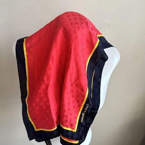 CAROLINA HERRERA Vintage Red Black Yellow Polka Dot Embossed 100% Silk Scarf - Picture 4 of 6